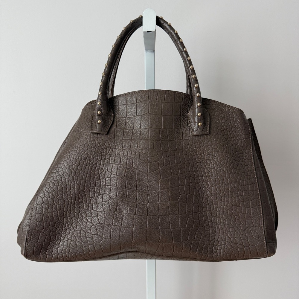 Iacucci Large Brown Croc Embossed Leather Satchel Studded Handle Made in Italy